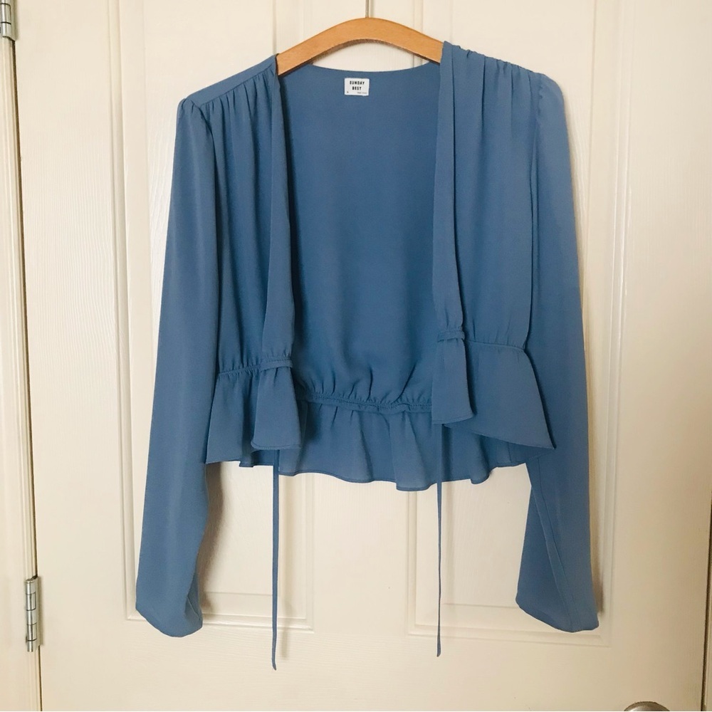 Sunday Best Aritzia Tie Front Blouse Smokey Blue Size Medium